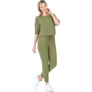 Women's Sporty Chic Casual Jumper Elastic Waistband & Top Buttons Ash Olive